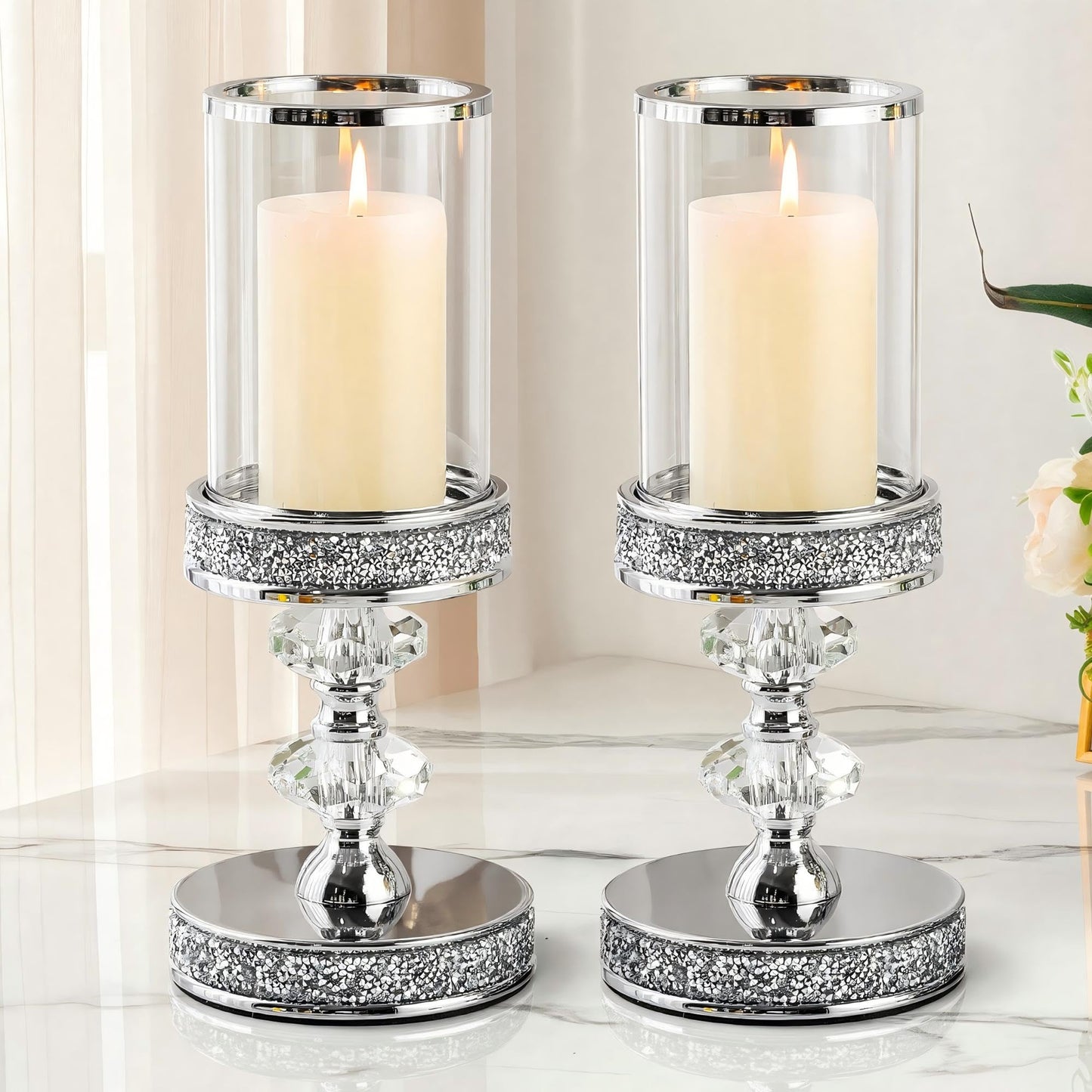 Hurricane Candle Holder, Pillar Stand with Tempered Glass Panel | Gold Crystal Ornaments for Living Room, Centrepiece Table, Wedding, Fireplace, Party (Middle, Set of 2)