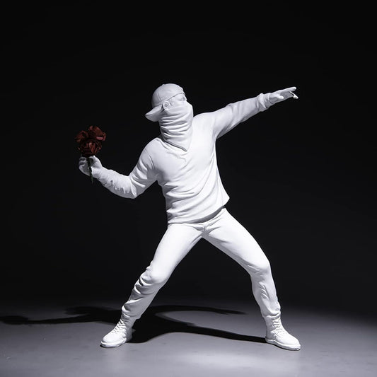 Banksy Flower Throwing Statue Flower Thrower Sculpture, Man's Room Figurines Home Decor for Shelves, Resin Art Craft Desk Decoration Collection Ornament Gift (White)
