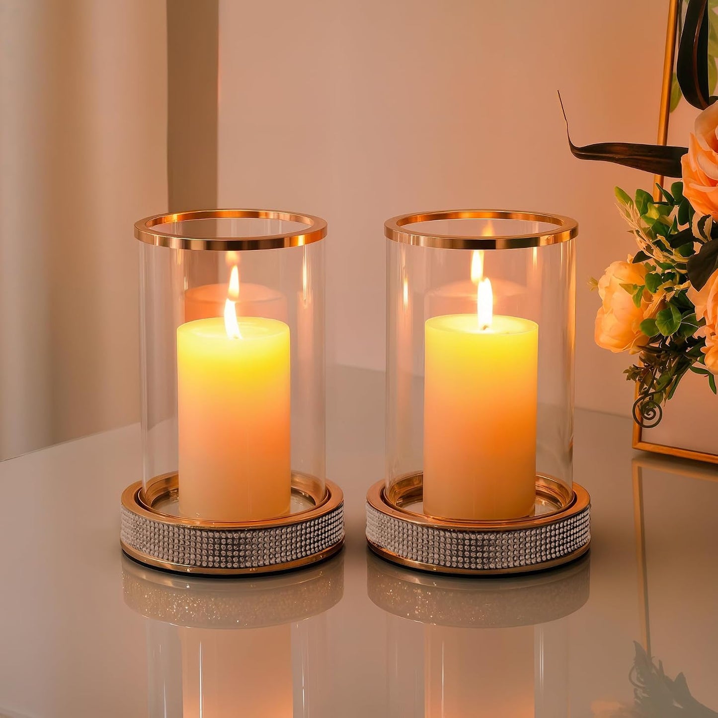 Hurricane Candle Holder, Pillar Stand with Tempered Glass Panel | Gold Crystal Ornaments for Living Room, Centrepiece Table, Wedding, Fireplace, Party (Middle, Set of 2)