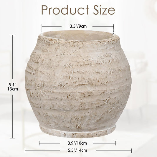 Rustic Vase for Flowers 13CM Small Cement Pot 3.5" Opening Beige Planter Vintage Farmhouse Vase for Pampas Grass Dry Plants Living Room Table Entryway Bathroom Shelf Mantel Home Decor