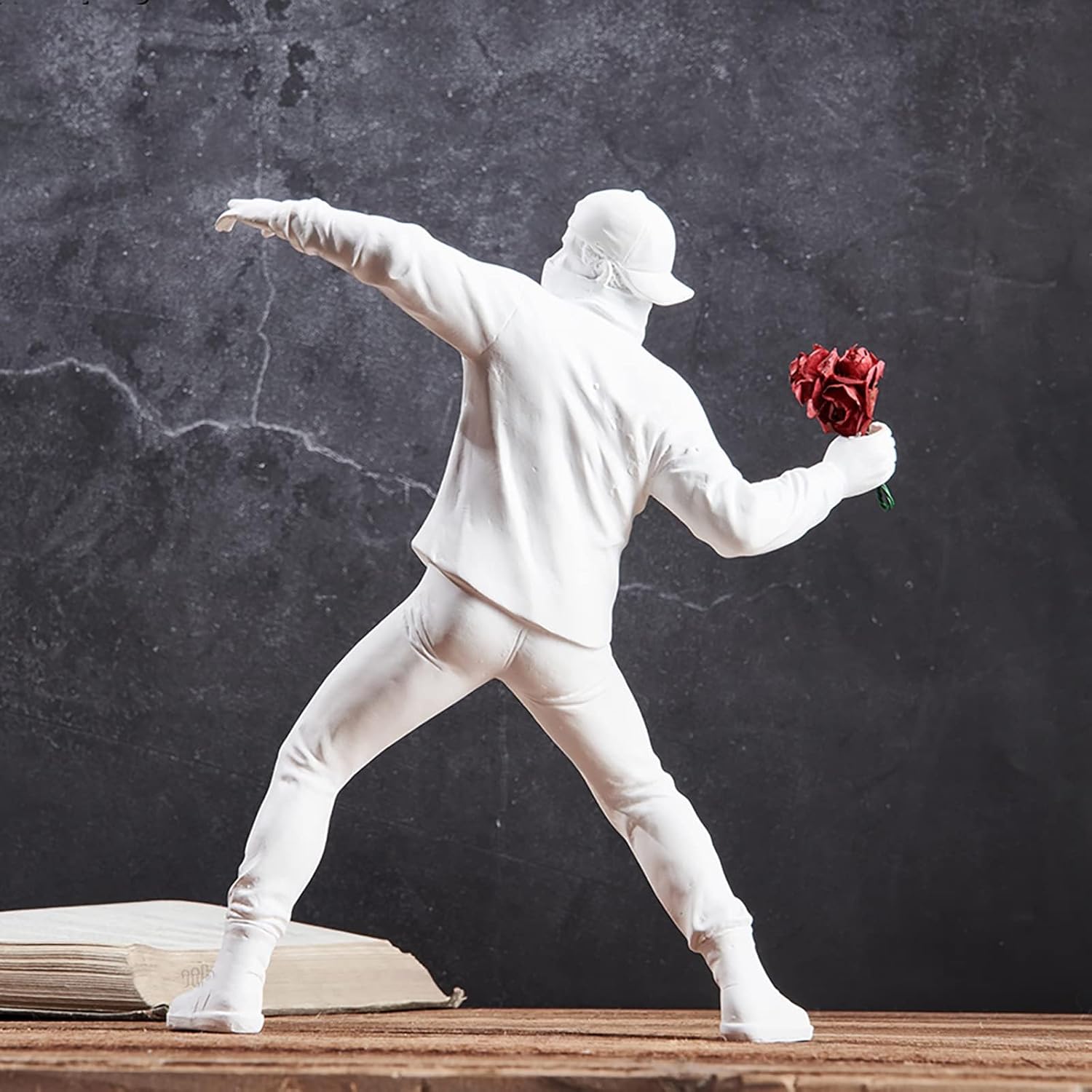 Banksy Flower Throwing Statue Flower Thrower Sculpture, Man's Room Figurines Home Decor for Shelves, Resin Art Craft Desk Decoration Collection Ornament Gift (White)