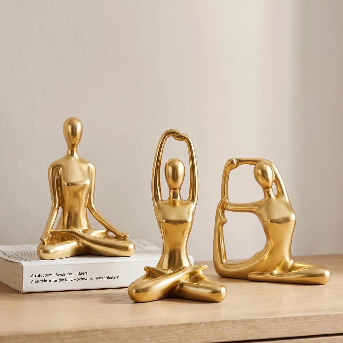 Sandstone Meditation Yoga Statues Set of 3, Resin Zen Yoga Figurines for Bookself, Home Decor, Gifts