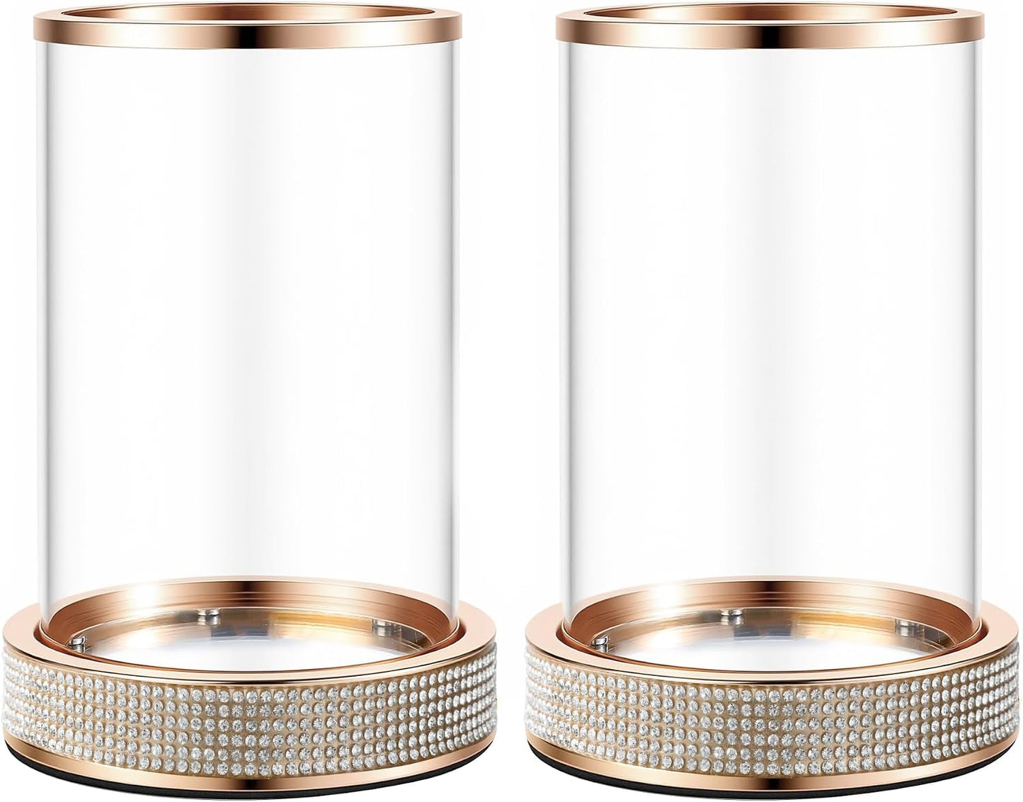 Hurricane Candle Holder, Pillar Stand with Tempered Glass Panel | Gold Crystal Ornaments for Living Room, Centrepiece Table, Wedding, Fireplace, Party (Middle, Set of 2)