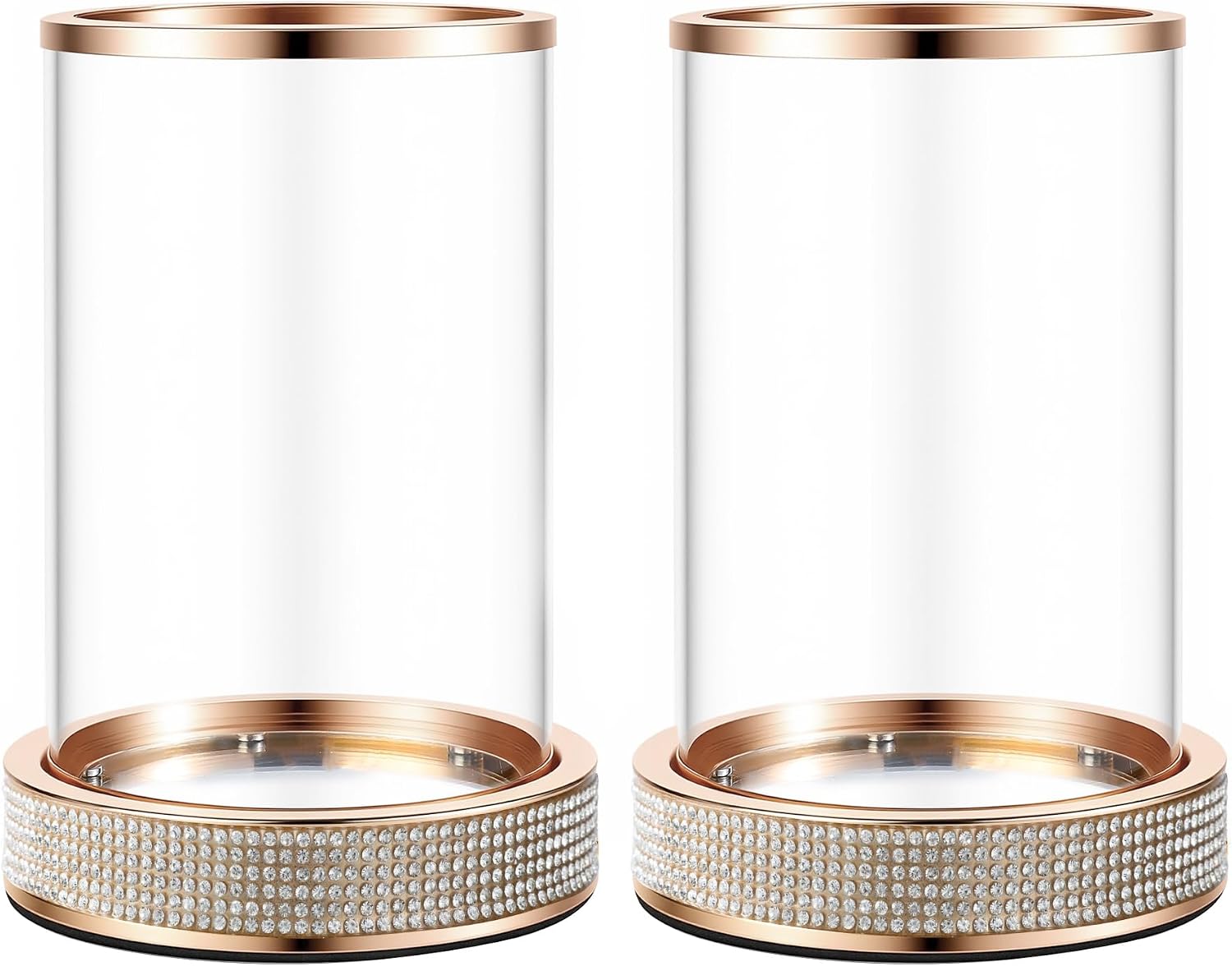Hurricane Candle Holder, Pillar Stand with Tempered Glass Panel | Gold Crystal Ornaments for Living Room, Centrepiece Table, Wedding, Fireplace, Party (Middle, Set of 2)