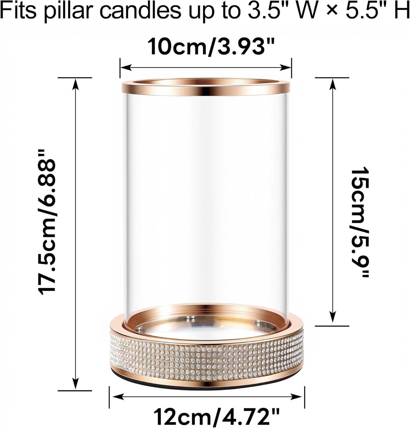Hurricane Candle Holder, Pillar Stand with Tempered Glass Panel | Gold Crystal Ornaments for Living Room, Centrepiece Table, Wedding, Fireplace, Party (Middle, Set of 2)