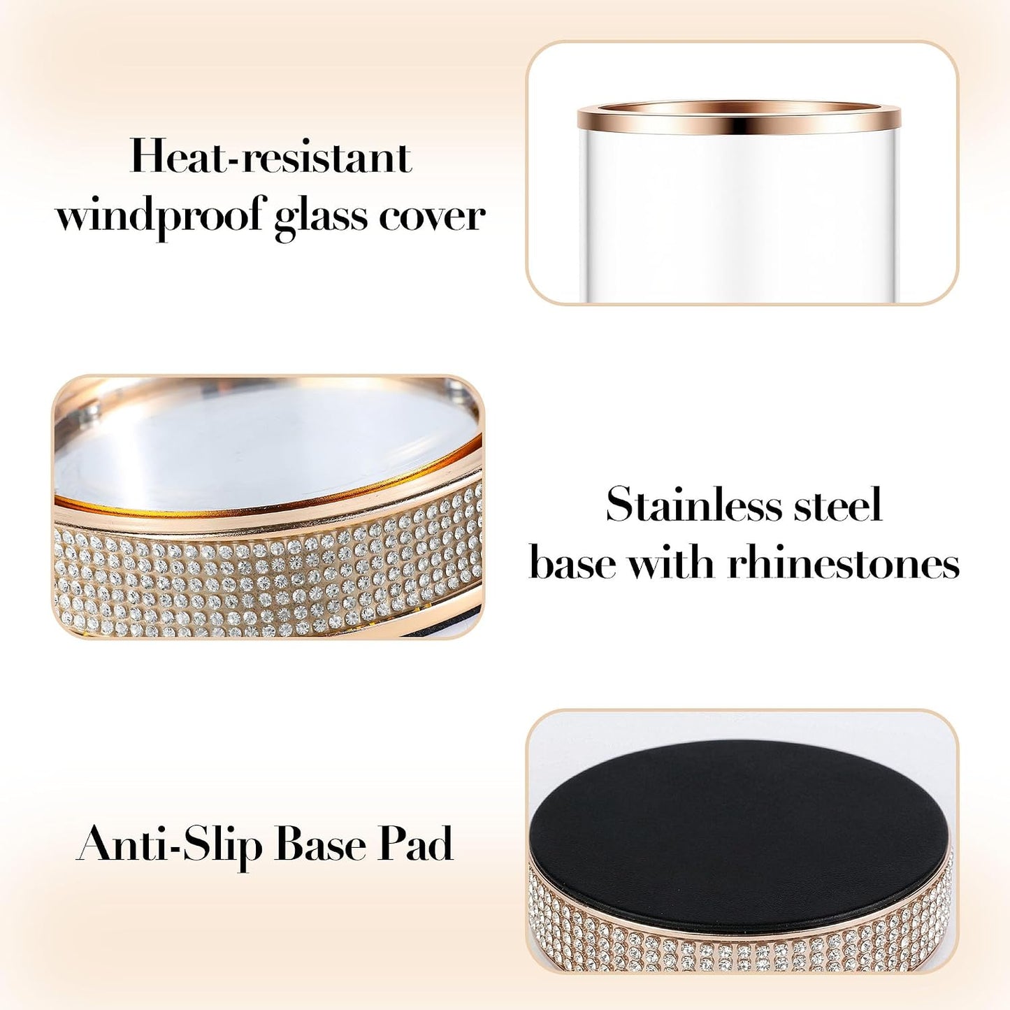 Hurricane Candle Holder, Pillar Stand with Tempered Glass Panel | Gold Crystal Ornaments for Living Room, Centrepiece Table, Wedding, Fireplace, Party (Middle, Set of 2)