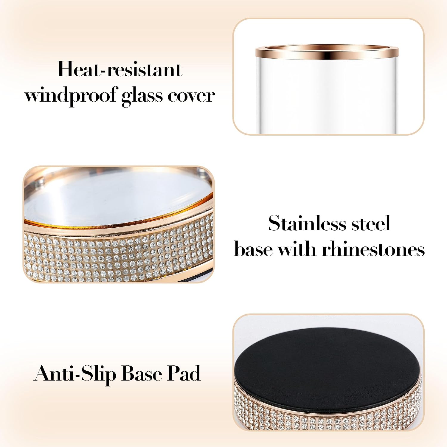 Hurricane Candle Holder, Pillar Stand with Tempered Glass Panel | Gold Crystal Ornaments for Living Room, Centrepiece Table, Wedding, Fireplace, Party (Middle, Set of 2)