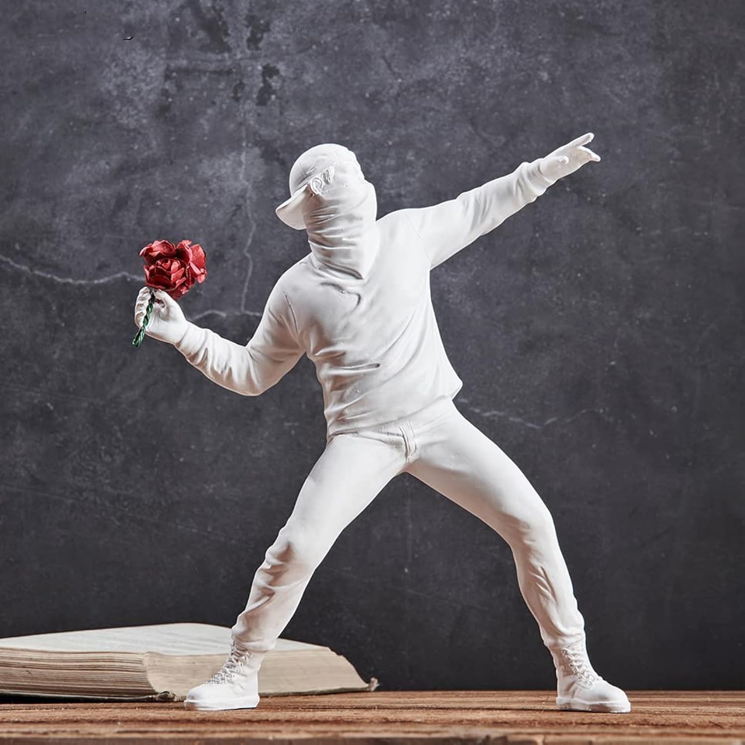 Banksy Flower Throwing Statue Flower Thrower Sculpture, Man's Room Figurines Home Decor for Shelves, Resin Art Craft Desk Decoration Collection Ornament Gift (White)