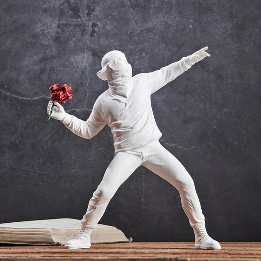 Banksy Flower Throwing Statue Flower Thrower Sculpture, Man's Room Figurines Home Decor for Shelves, Resin Art Craft Desk Decoration Collection Ornament Gift (White)