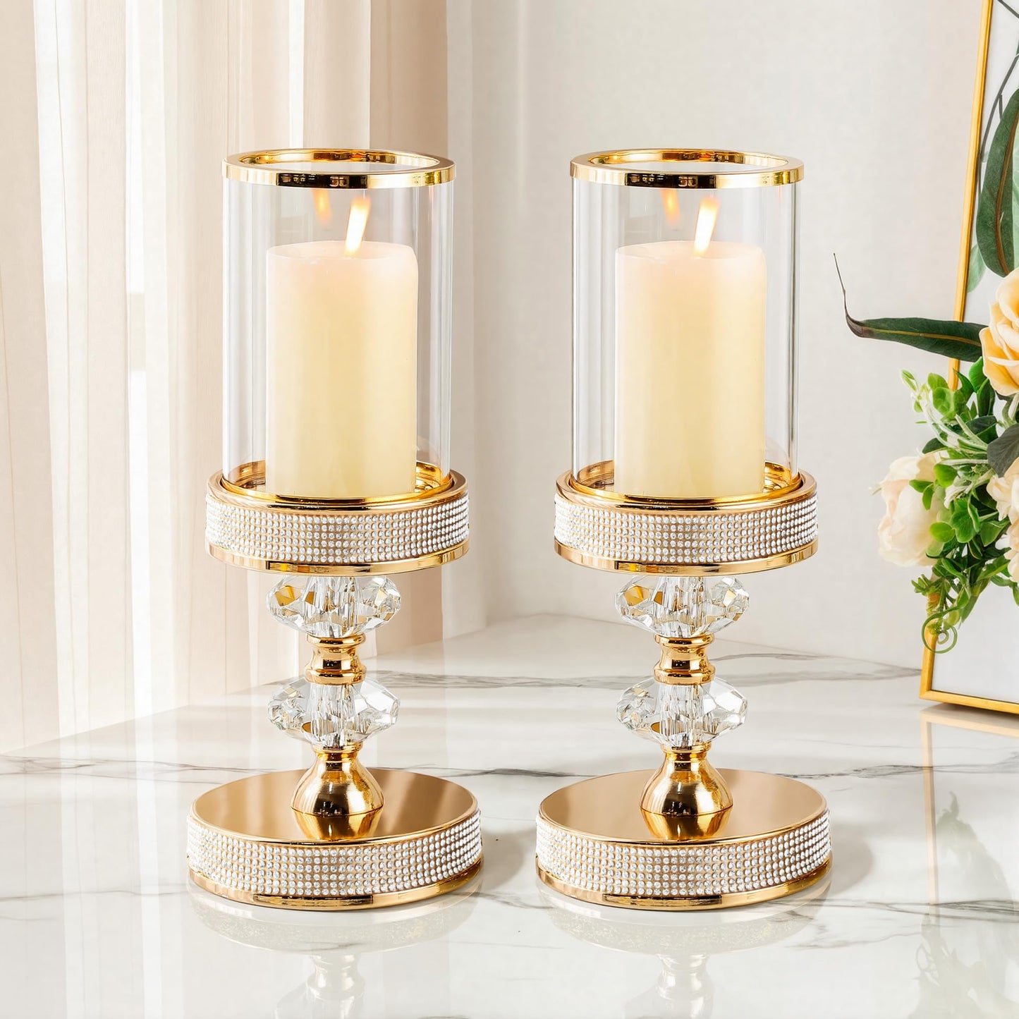 Hurricane Candle Holder, Pillar Stand with Tempered Glass Panel | Gold Crystal Ornaments for Living Room, Centrepiece Table, Wedding, Fireplace, Party (Middle, Set of 2)