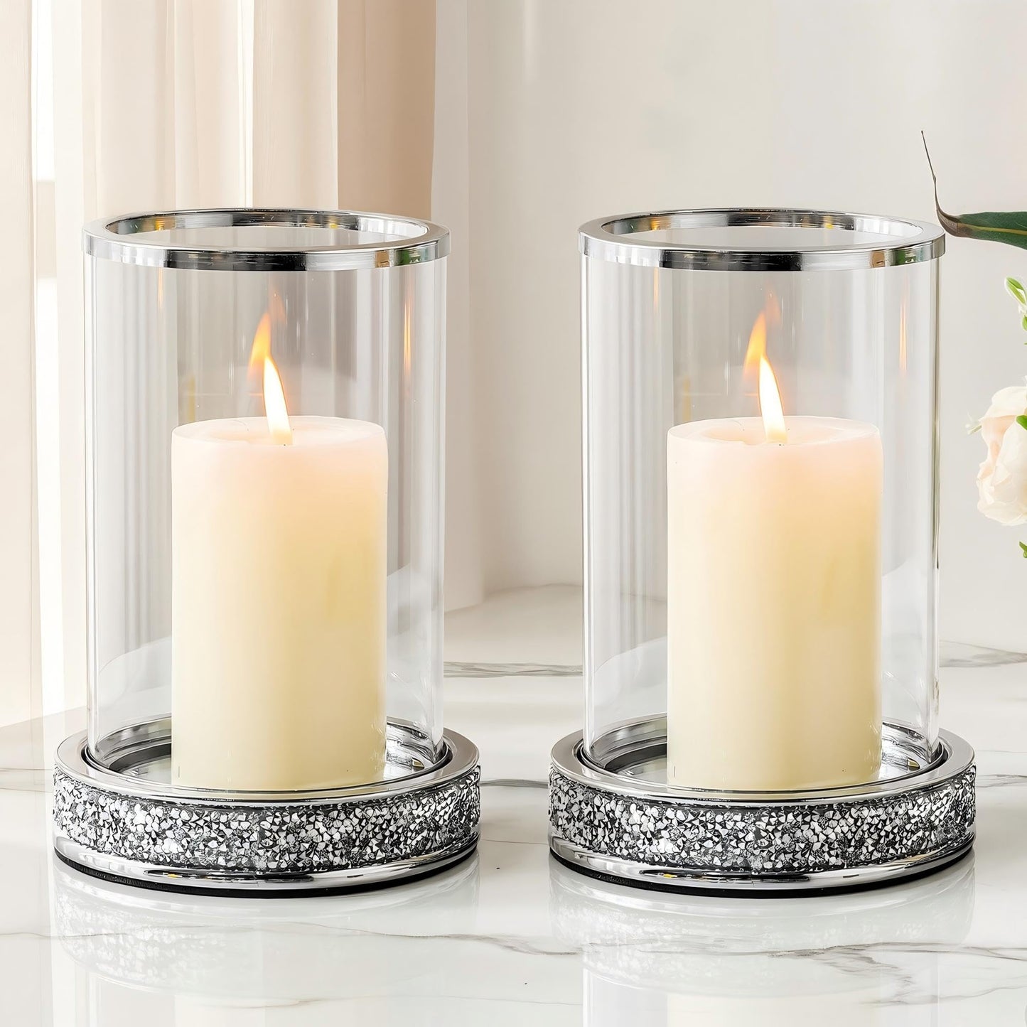 Hurricane Candle Holder, Pillar Stand with Tempered Glass Panel | Gold Crystal Ornaments for Living Room, Centrepiece Table, Wedding, Fireplace, Party (Middle, Set of 2)