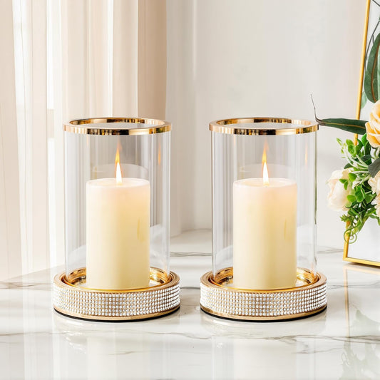 Hurricane Candle Holder, Pillar Stand with Tempered Glass Panel | Gold Crystal Ornaments for Living Room, Centrepiece Table, Wedding, Fireplace, Party (Middle, Set of 2)