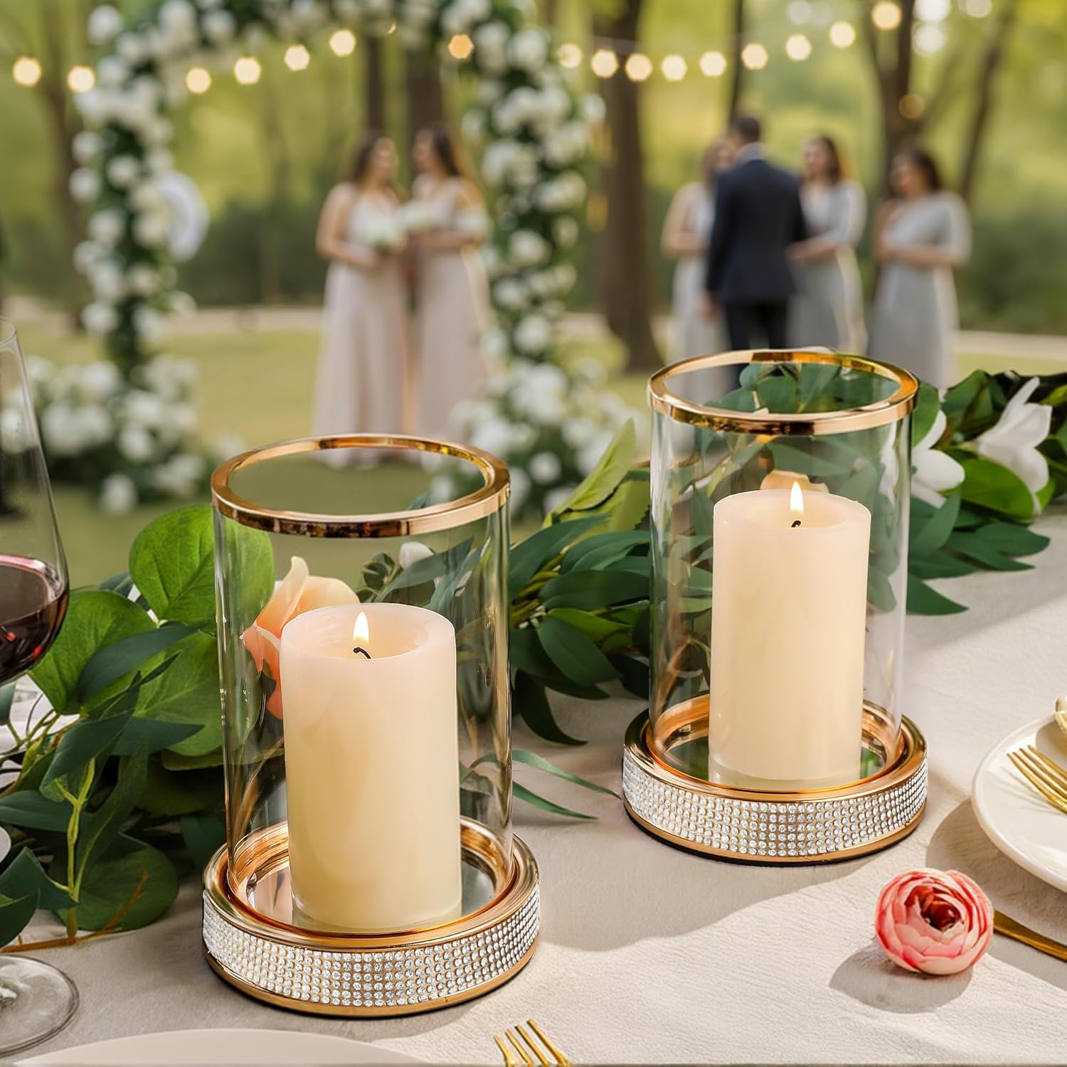 Hurricane Candle Holder, Pillar Stand with Tempered Glass Panel | Gold Crystal Ornaments for Living Room, Centrepiece Table, Wedding, Fireplace, Party (Middle, Set of 2)