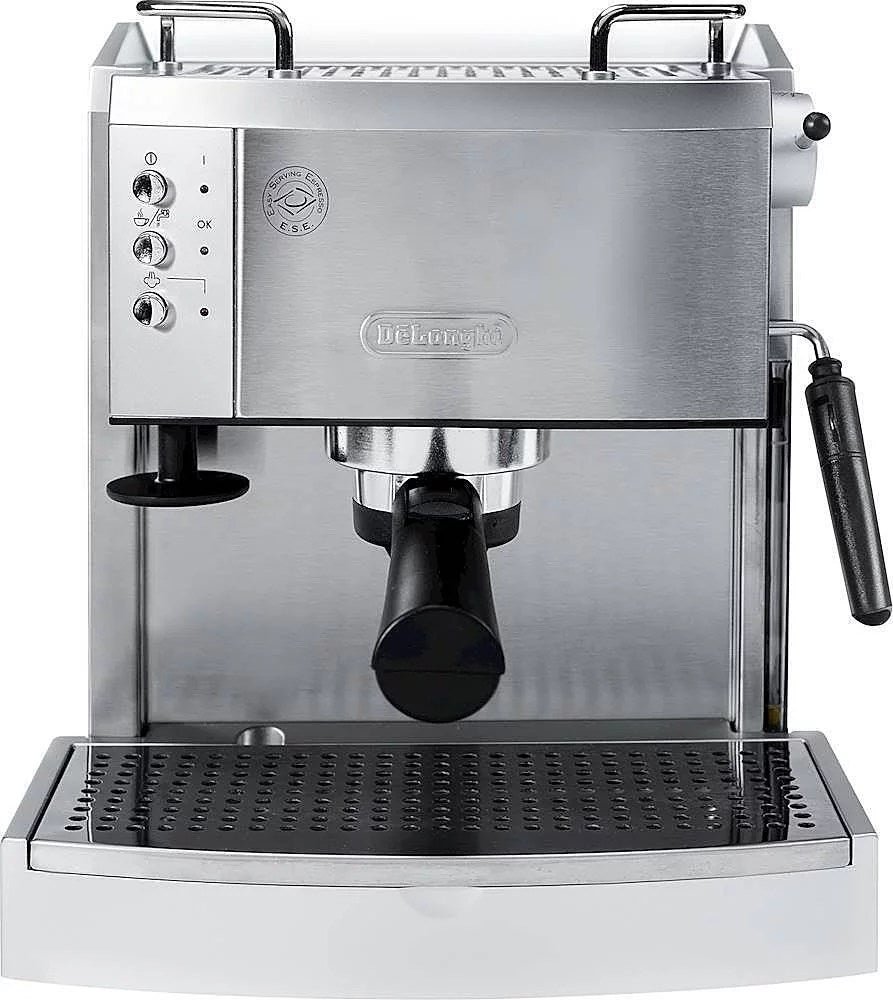 3225284_sd-1.jpg De’Longhi – Espresso Machine with 15 bars of pressure, Milk Frother and removable water tank – Stainless Steel - Image 1