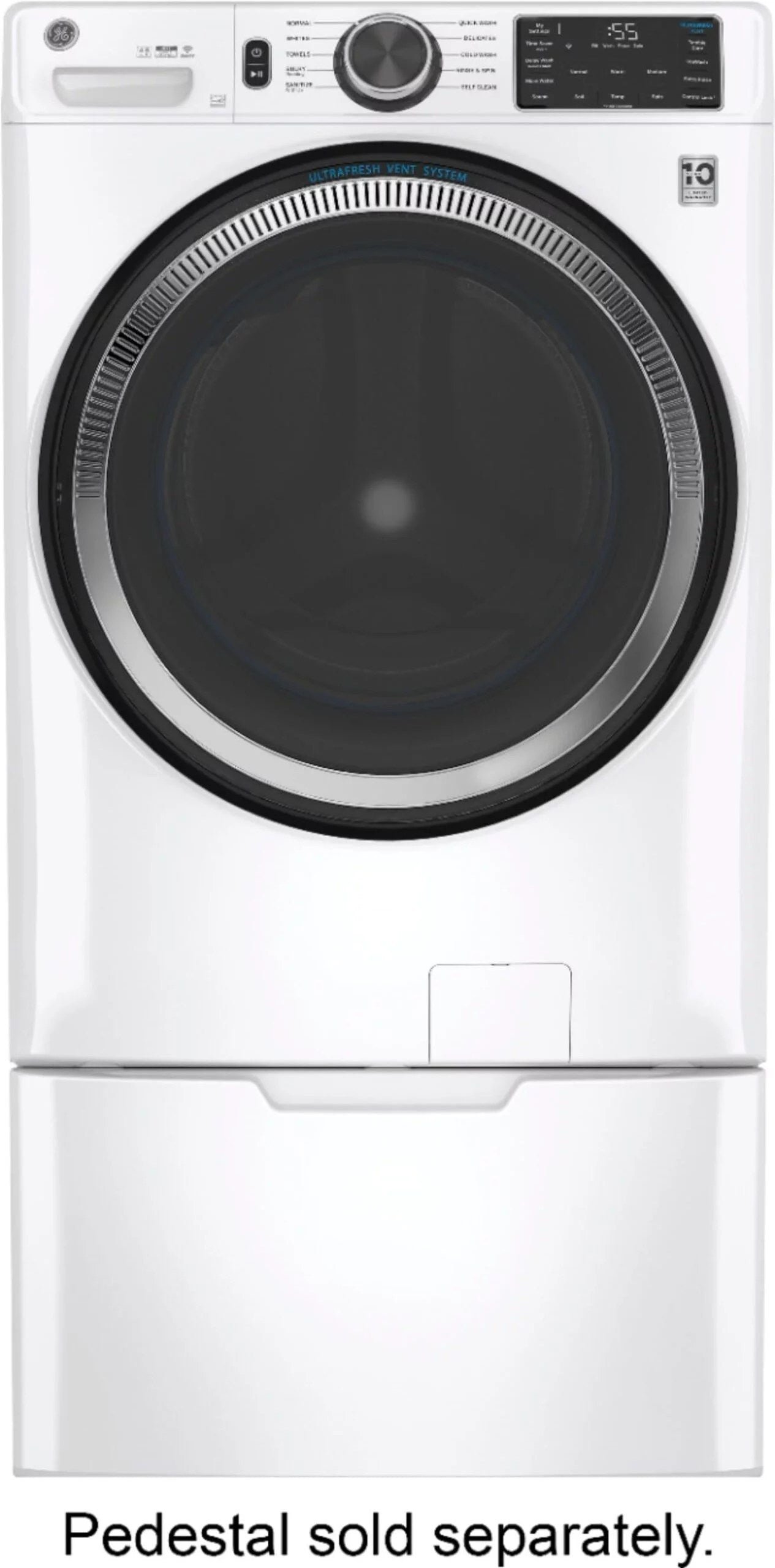6396006cv11d-scaled-1-1.jpg GE – 4.8 CuFt High-Efficiency Stackable Smart Front Load Washer w/UltraFresh Vent System & Microban Antimicrobial Technology – White on white - Image 1