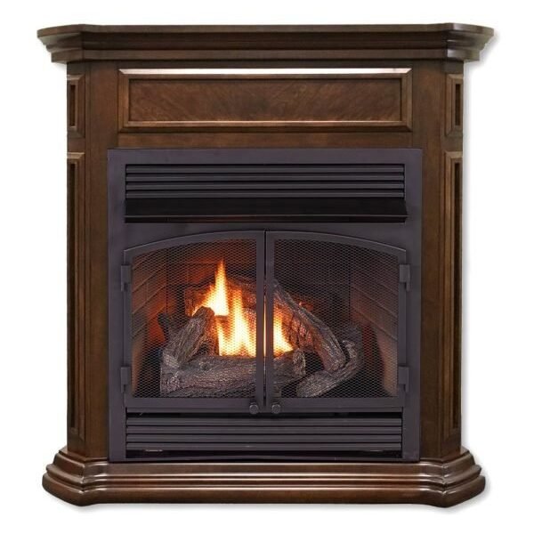 Dual Fuel Ventless Gas Fireplace With Mantel – 32,000 BTU, T-Stat Control, Nutmeg Finish