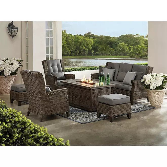 image1-3-2.jpg Newcastle 6-Piece Patio Deep Seating Set with Fire Pit – Smoke – Member’s Mark - Image 1